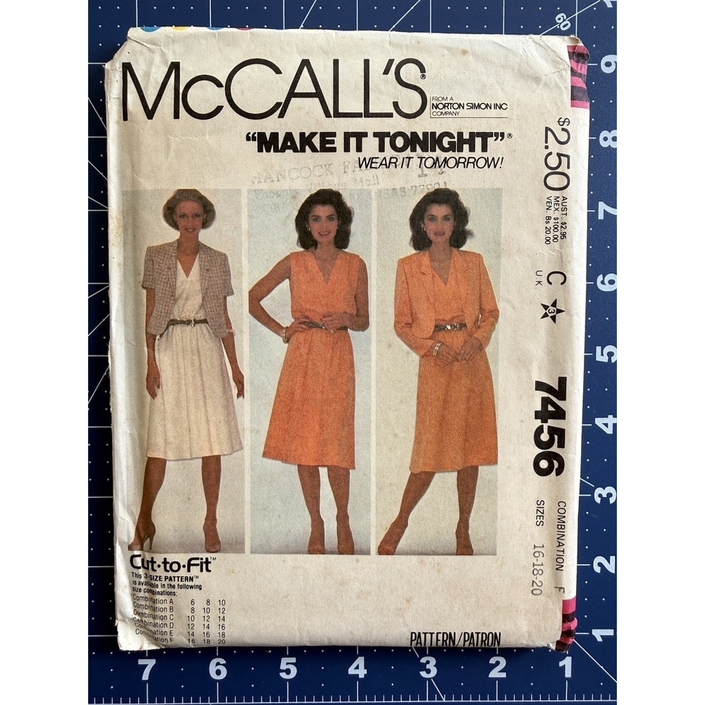 McCall's Make It Tonight Pattern 7456 Misses' Jacket & Dress Size 16-20 Uncut FF
